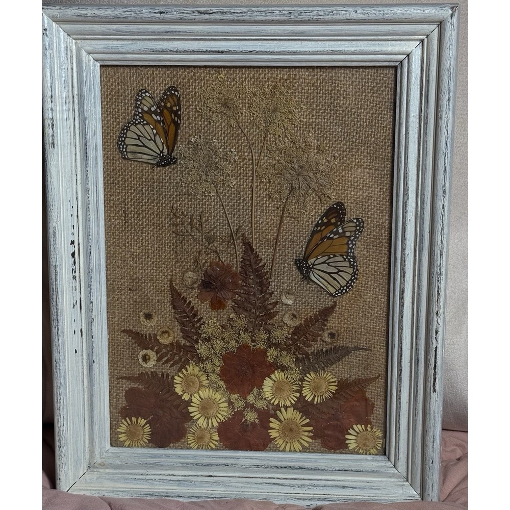 Vtg MCM Pressed Flower Art Picture Butterflies Retro Mixed Media Cottagecore